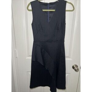 Elie Tahari Linen Sheath Dress Womens 2 Navy Blue Linen V-Neck Crossover Ruffle